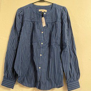 Loft, blue and white stripped long sleeve button up blouse, S